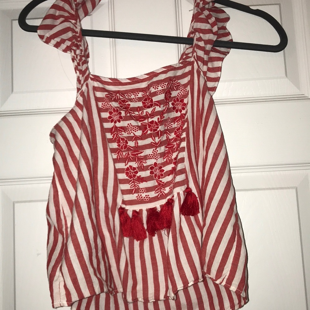 Red and white striped Zara tank top with tassels